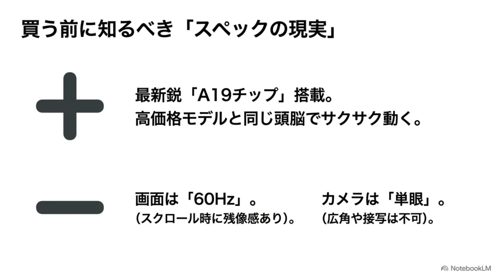 iPhone 17eのスペックの現実。A19チップ搭載のメリットと、60Hzディスプレイ、単眼カメラのデメリットについて。