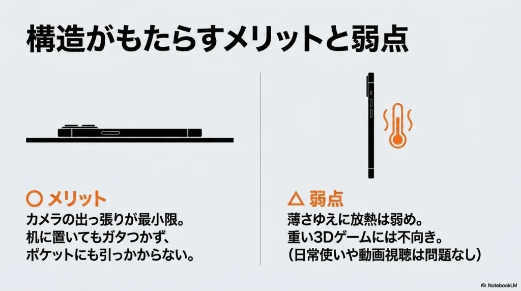 iPhone 17eのカメラの出っ張りが少ないというメリットと、放熱性能が弱く重い3Dゲームには不向きという弱点の解説