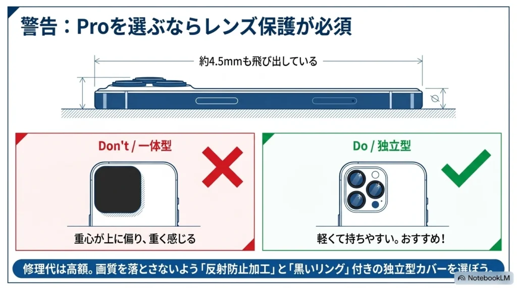 iPhone 17 Proの約4.5mm飛び出したカメラレンズの危険性と、一体型・独立型カメラカバーの比較。持ちやすさと画質を守る選び方を伝える解説スライド。