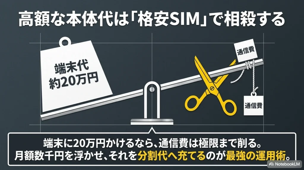 高額なiPhone 17 Proの端末代（約20万円）を月々の通信費カット（格安SIMへの乗り換え）で相殺するイメージ図解