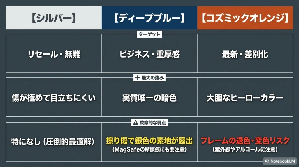 iPhone 17 Proのシルバー、ディープブルー、コズミックオレンジのターゲット層・最大強み・致命的弱点を比較した表