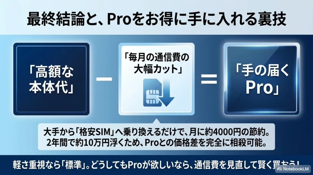 格安SIMへ乗り換えることで毎月の通信費を抑え、iPhone 17 Proの本体代金との価格差を実質的に相殺する賢い購入術をまとめたスライド。