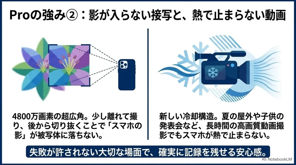 iPhone 17 Proの4800万画素超広角カメラによる影が落ちないマクロ撮影と、新しい冷却構造（ベイパーチャンバー）による熱で止まらない動画撮影機能のまとめ。