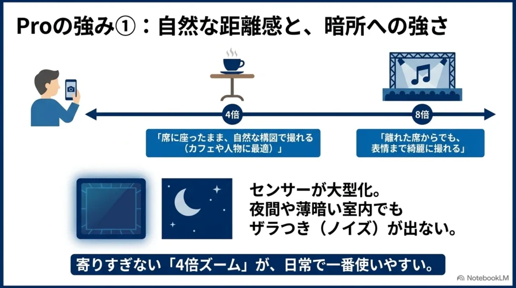 iPhone 17 Proの望遠レンズによる4倍・8倍ズームの活用イメージと、大型センサーによる暗所・夜景撮影でのノイズ軽減効果をまとめた解説スライド。