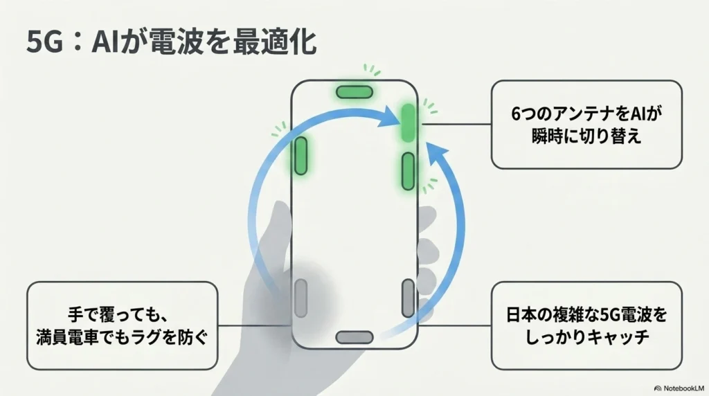 6つのアンテナをAIが瞬時に切り替え、手で覆っても満員電車でもラグを防ぐiPhone 17の仕組み