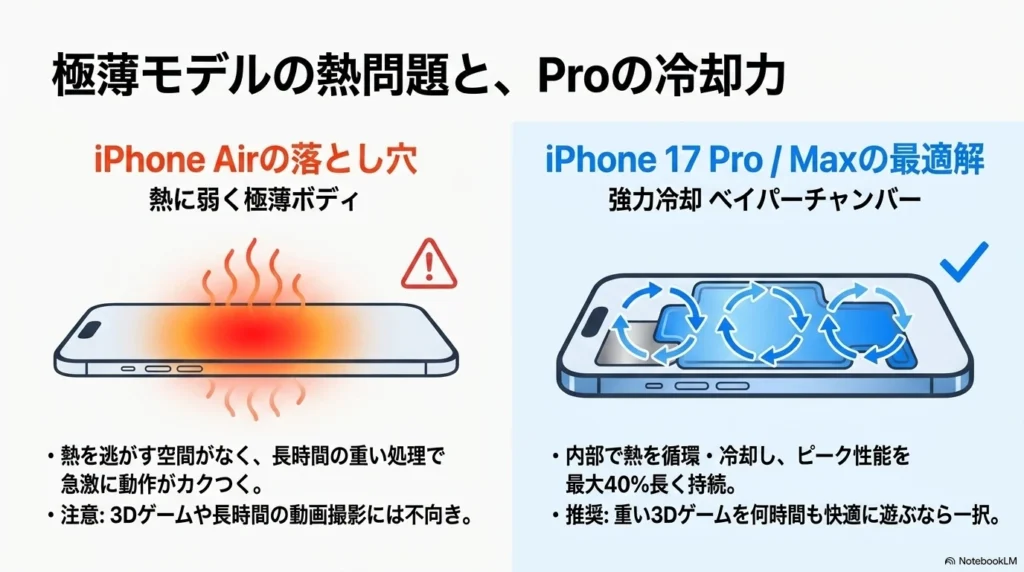 iPhone 17 × 格安SIM 乗り換え完全攻略ガイド iPhone Airは熱に弱く極薄ボディである一方、iPhone 17 Pro / Maxは強力な冷却システムであるベイパーチャンバーを搭載していることを比較した図