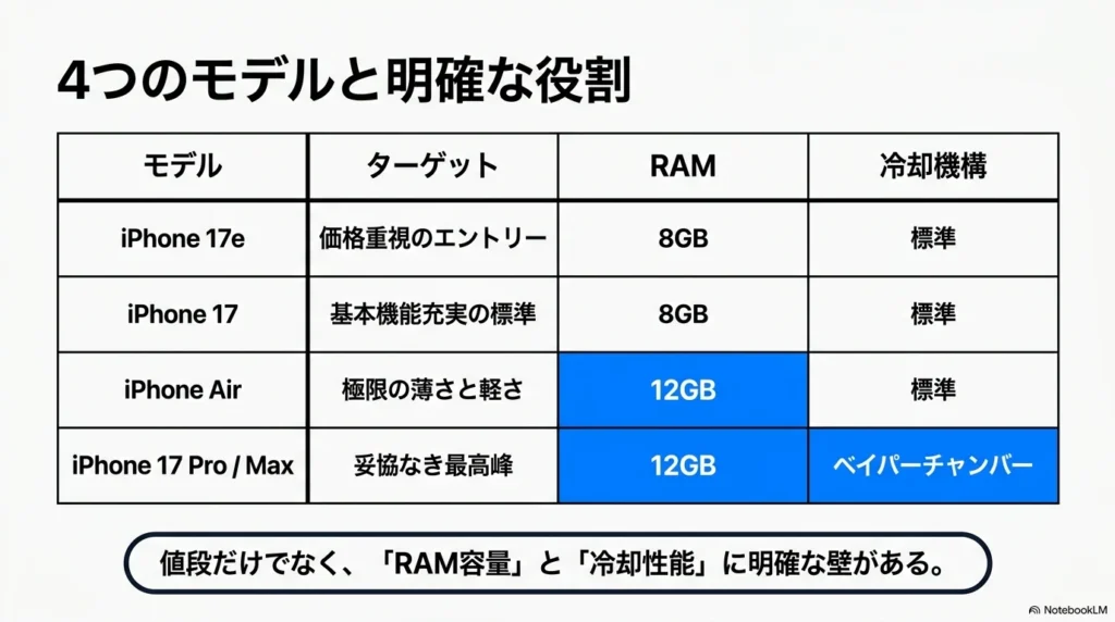 iPhone 17 × 格安SIM 乗り換え完全攻略ガイド iPhone 17e、iPhone 17、iPhone Air、iPhone 17 Pro / Maxの4つのモデルのターゲット、RAM容量、冷却機構の違いを示す一覧表