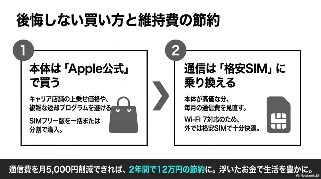 iPhone 17 × 格安SIM 乗り換え完全攻略ガイド iPhone 17本体はApple公式で購入し、通信プランを格安SIMに乗り換えることで、2年間で最大12万円の節約になることを解説した図