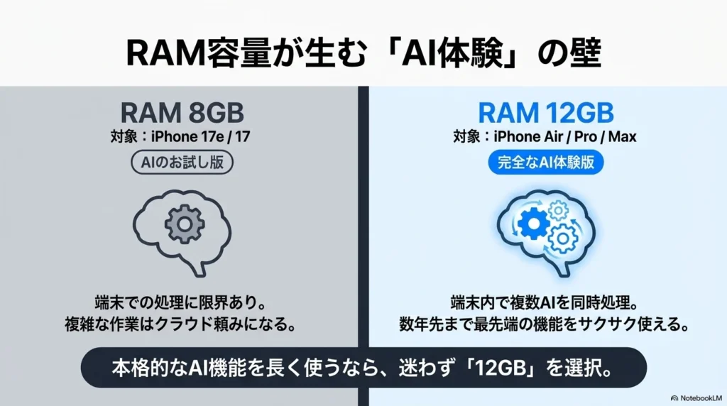 iPhone 17 × 格安SIM 乗り換え完全攻略ガイド RAM 8GBモデルはAIのお試し版、RAM 12GBモデルは完全なAI体験版であり、本格的なAI機能を長く使うなら12GBを選択すべきであることを示す図